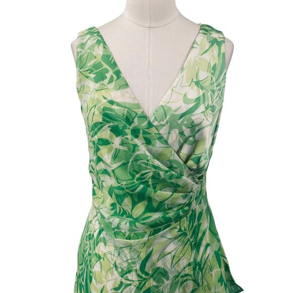 Vintage Y2k Silk Dress Floral Leaf Printed Faux Wrap Sleeveless Gathered Green - Picture 2 of 9
